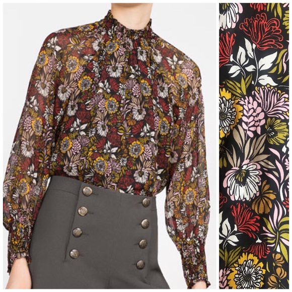 Zara Tops - ZARA Floral Print 70s Inspired High Neck Ruffle Blouse Size Large
